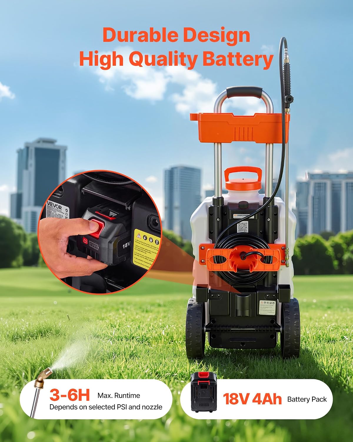 Battery Powered 15 Gallon Garden Weed Sprayer with Wheeled Cart, 126FT Hose with Reel, 8 Nozzles, 2 Wands with Lock Trigger, 0-90PSI, 5-6h Spray Time, Wide Mouth Lid, Rotating Wheels with Brake