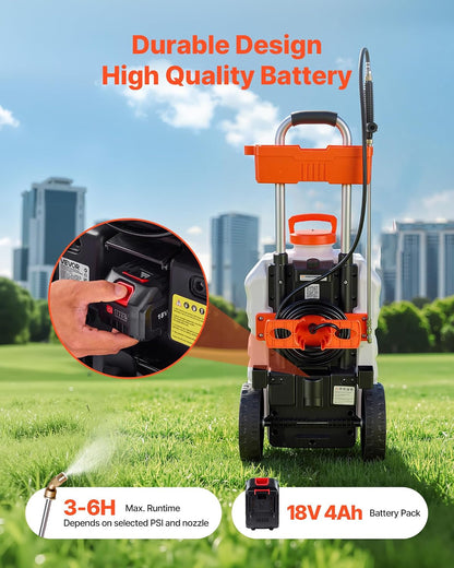 Battery Powered 15 Gallon Garden Weed Sprayer with Wheeled Cart, 126FT Hose with Reel, 8 Nozzles, 2 Wands with Lock Trigger, 0-90PSI, 5-6h Spray Time, Wide Mouth Lid, Rotating Wheels with Brake