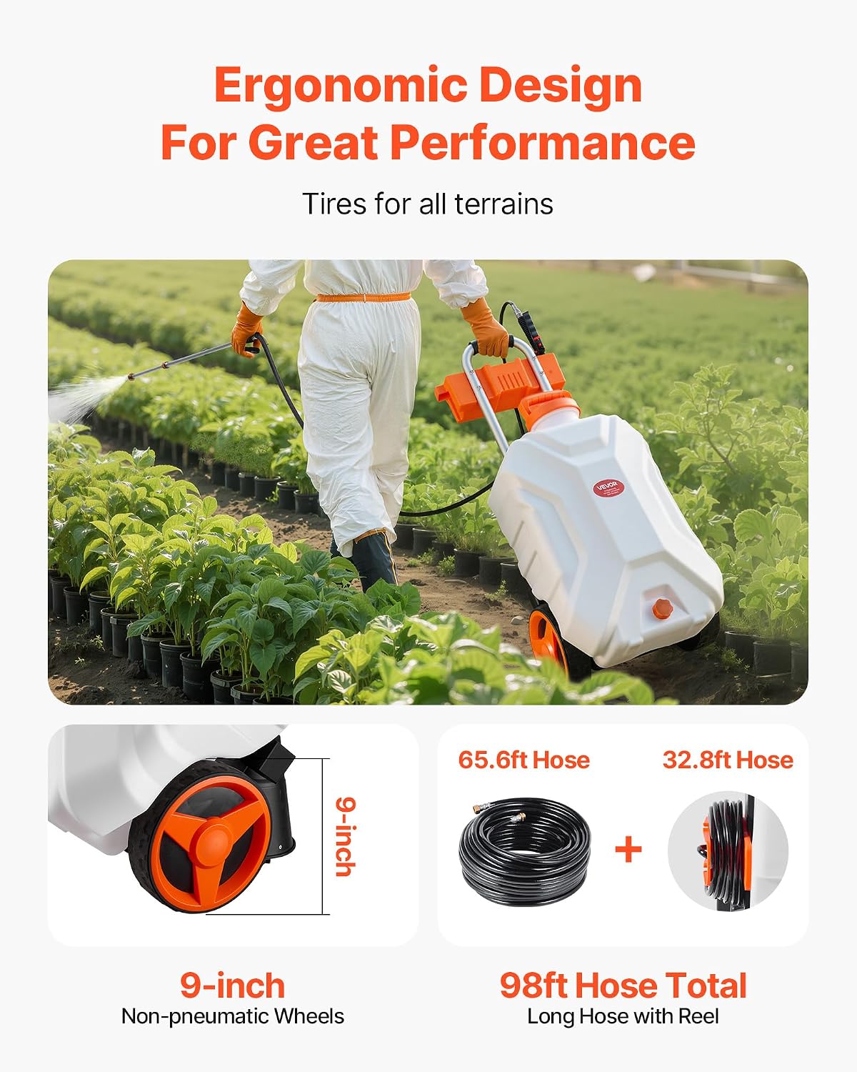Battery Powered 15 Gallon Garden Weed Sprayer with Wheeled Cart, 126FT Hose with Reel, 8 Nozzles, 2 Wands with Lock Trigger, 0-90PSI, 5-6h Spray Time, Wide Mouth Lid, Rotating Wheels with Brake