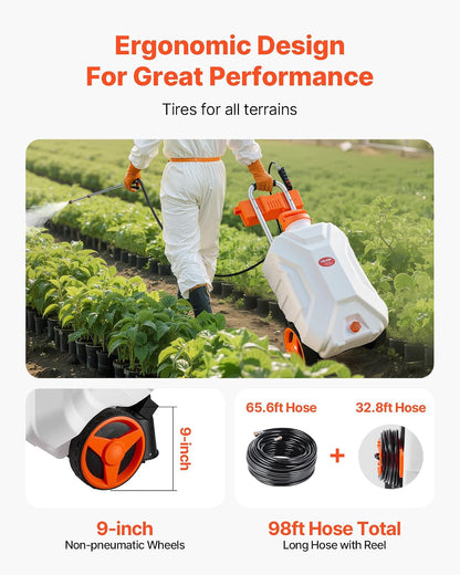 Battery Powered 15 Gallon Garden Weed Sprayer with Wheeled Cart, 126FT Hose with Reel, 8 Nozzles, 2 Wands with Lock Trigger, 0-90PSI, 5-6h Spray Time, Wide Mouth Lid, Rotating Wheels with Brake
