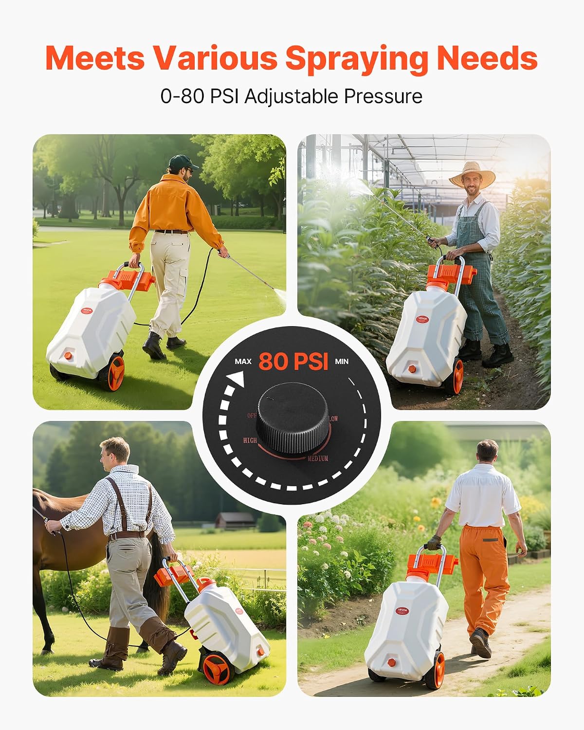 Battery Powered 15 Gallon Garden Weed Sprayer with Wheeled Cart, 126FT Hose with Reel, 8 Nozzles, 2 Wands with Lock Trigger, 0-90PSI, 5-6h Spray Time, Wide Mouth Lid, Rotating Wheels with Brake