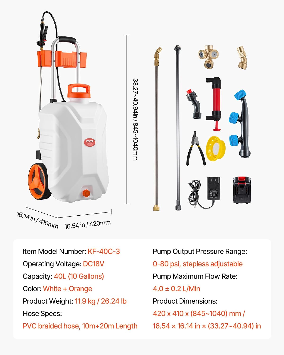 Battery Powered 15 Gallon Garden Weed Sprayer with Wheeled Cart, 126FT Hose with Reel, 8 Nozzles, 2 Wands with Lock Trigger, 0-90PSI, 5-6h Spray Time, Wide Mouth Lid, Rotating Wheels with Brake