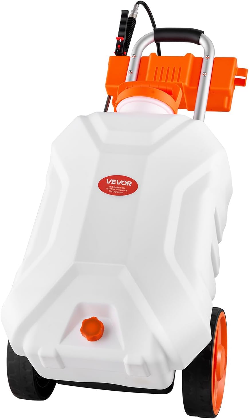 Battery Powered 15 Gallon Garden Weed Sprayer with Wheeled Cart, 126FT Hose with Reel, 8 Nozzles, 2 Wands with Lock Trigger, 0-90PSI, 5-6h Spray Time, Wide Mouth Lid, Rotating Wheels with Brake