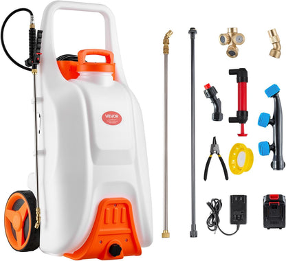 Battery Powered 15 Gallon Garden Weed Sprayer with Wheeled Cart, 126FT Hose with Reel, 8 Nozzles, 2 Wands with Lock Trigger, 0-90PSI, 5-6h Spray Time, Wide Mouth Lid, Rotating Wheels with Brake