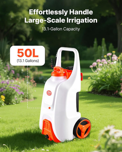 Battery Powered 15 Gallon Garden Weed Sprayer with Wheeled Cart, 126FT Hose with Reel, 8 Nozzles, 2 Wands with Lock Trigger, 0-90PSI, 5-6h Spray Time, Wide Mouth Lid, Rotating Wheels with Brake