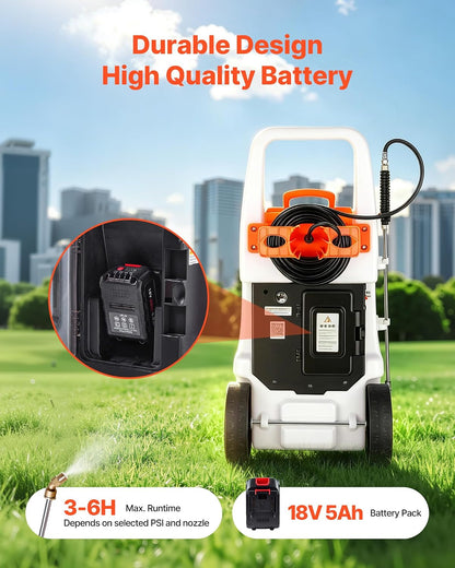 Battery Powered 15 Gallon Garden Weed Sprayer with Wheeled Cart, 126FT Hose with Reel, 8 Nozzles, 2 Wands with Lock Trigger, 0-90PSI, 5-6h Spray Time, Wide Mouth Lid, Rotating Wheels with Brake