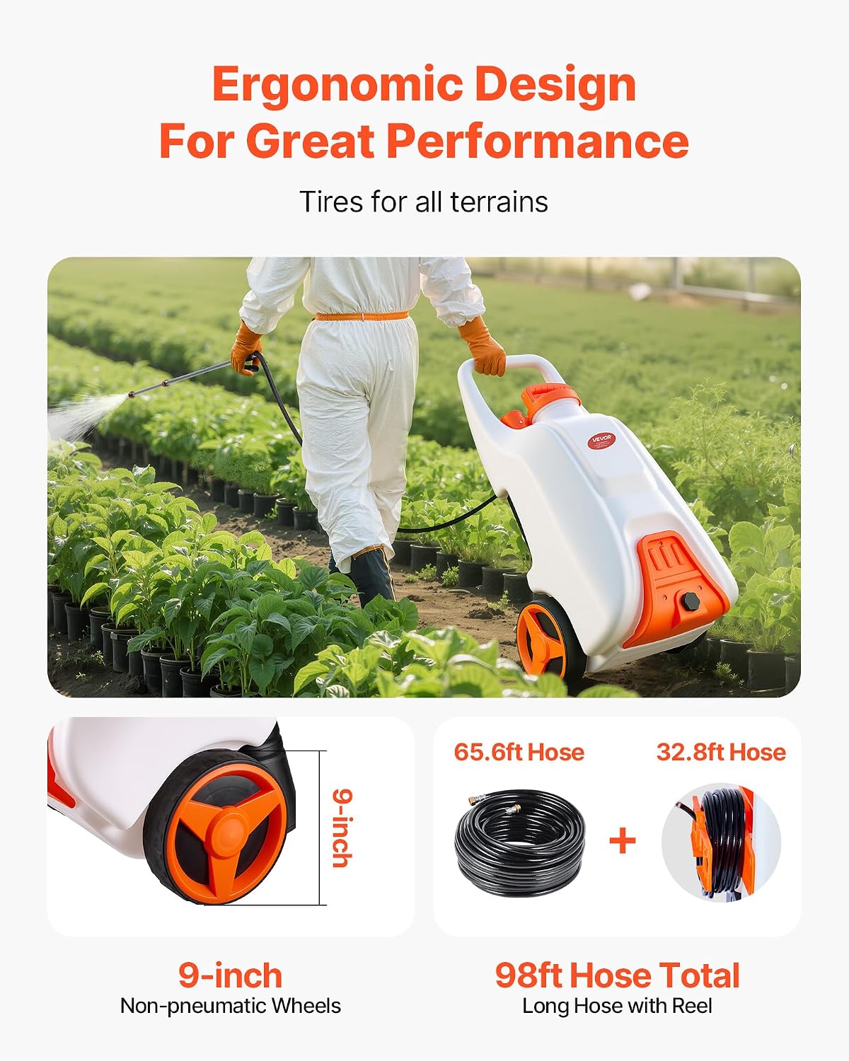 Battery Powered 15 Gallon Garden Weed Sprayer with Wheeled Cart, 126FT Hose with Reel, 8 Nozzles, 2 Wands with Lock Trigger, 0-90PSI, 5-6h Spray Time, Wide Mouth Lid, Rotating Wheels with Brake