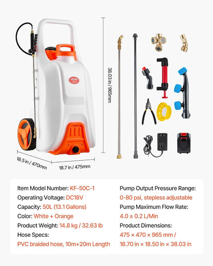 Battery Powered 15 Gallon Garden Weed Sprayer with Wheeled Cart, 126FT Hose with Reel, 8 Nozzles, 2 Wands with Lock Trigger, 0-90PSI, 5-6h Spray Time, Wide Mouth Lid, Rotating Wheels with Brake