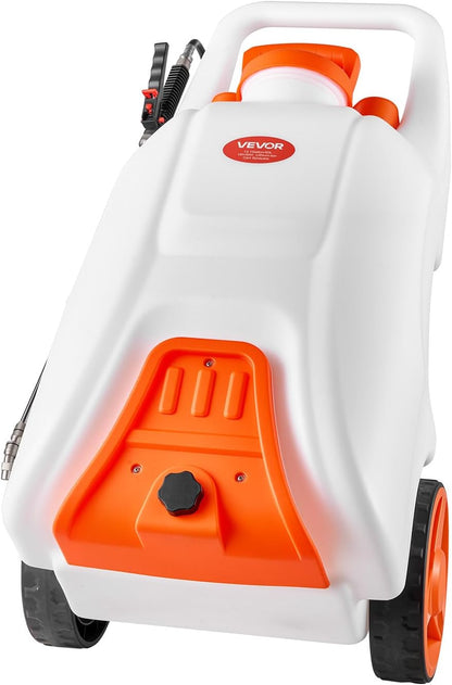 Battery Powered 15 Gallon Garden Weed Sprayer with Wheeled Cart, 126FT Hose with Reel, 8 Nozzles, 2 Wands with Lock Trigger, 0-90PSI, 5-6h Spray Time, Wide Mouth Lid, Rotating Wheels with Brake