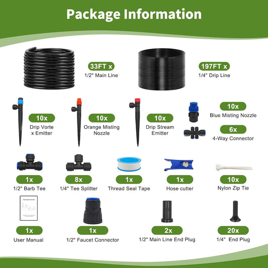 230FT Drip Irrigation System for Garden with 40 Nozzles & Emitters, Quick Connect Garden Watering System with 1/2" & 1/4" Tube, Adjustable Sprinklers Kit for Greenhouse, Lawn, Flower Beds, Raised Bed