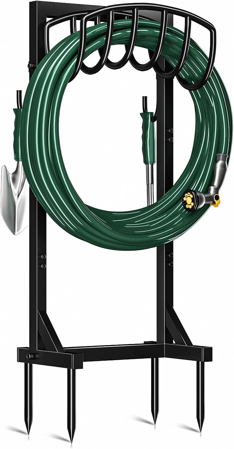 Garden Hose Holder Stand with 4 Spikes & 2 Tool Hooks, Detachable Heavy Duty Metal Freestanding Hose Reel Outdoor Organizer for Lawn Yard Water Storage Rack