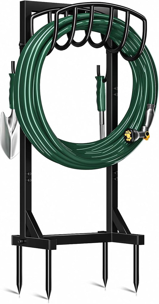 Garden Hose Holder Stand with 4 Spikes & 2 Tool Hooks, Detachable Heavy Duty Metal Freestanding Hose Reel Outdoor Organizer for Lawn Yard Water Storage Rack