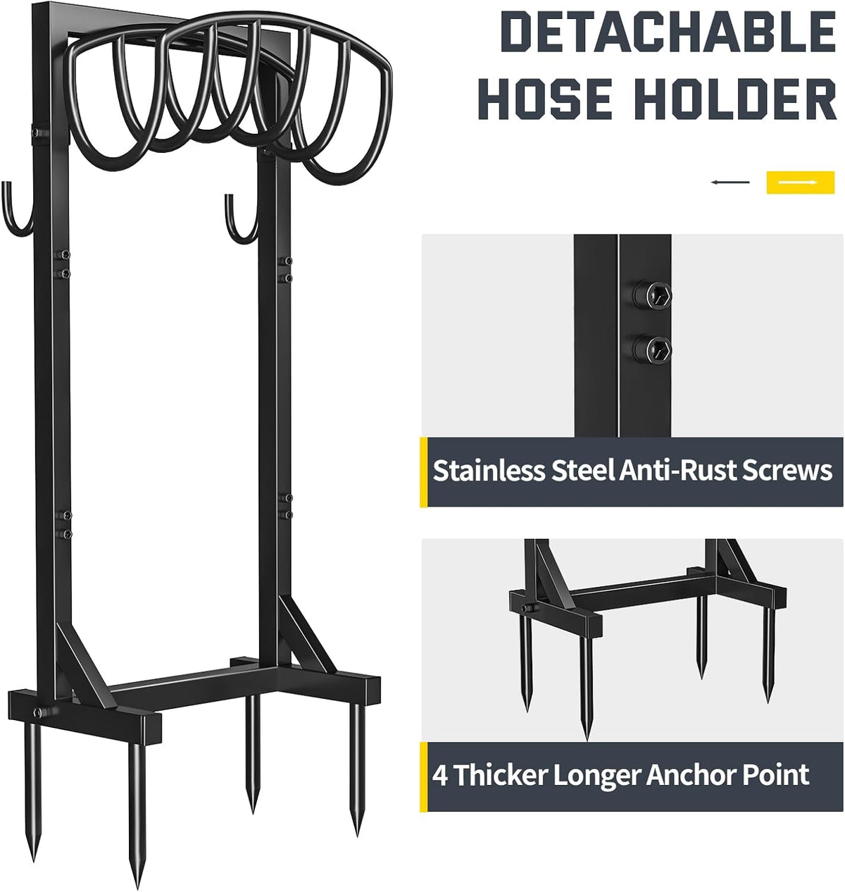 Garden Hose Holder Stand with 4 Spikes & 2 Tool Hooks, Detachable Heavy Duty Metal Freestanding Hose Reel Outdoor Organizer for Lawn Yard Water Storage Rack