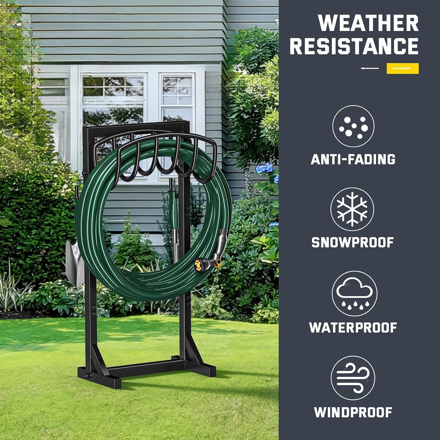 Garden Hose Holder Stand with 4 Spikes & 2 Tool Hooks, Detachable Heavy Duty Metal Freestanding Hose Reel Outdoor Organizer for Lawn Yard Water Storage Rack