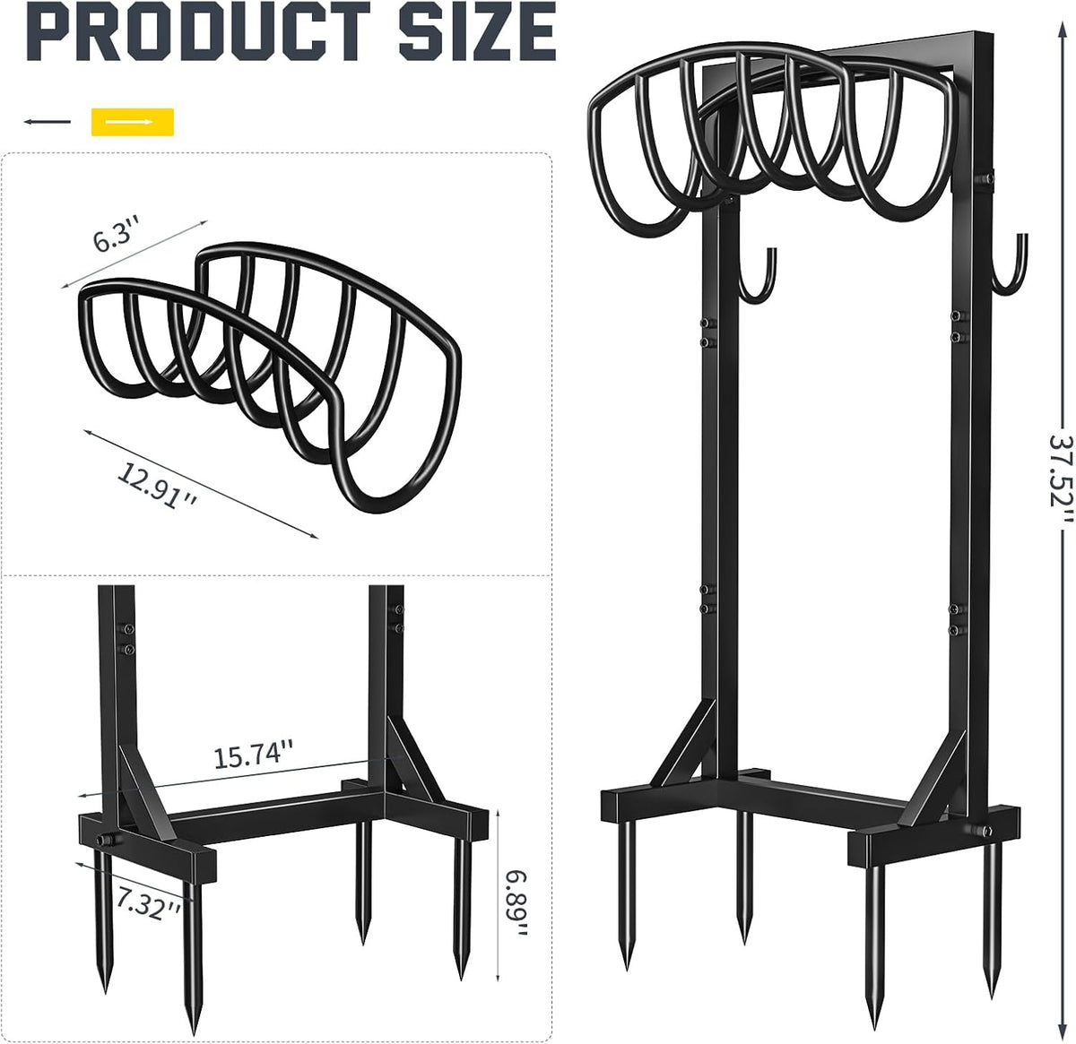 Garden Hose Holder Stand with 4 Spikes & 2 Tool Hooks, Detachable Heavy Duty Metal Freestanding Hose Reel Outdoor Organizer for Lawn Yard Water Storage Rack