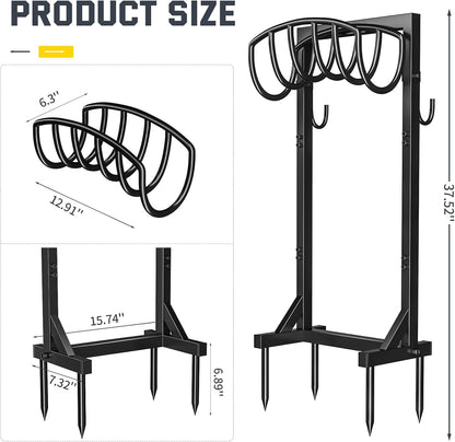 Garden Hose Holder Stand with 4 Spikes & 2 Tool Hooks, Detachable Heavy Duty Metal Freestanding Hose Reel Outdoor Organizer for Lawn Yard Water Storage Rack