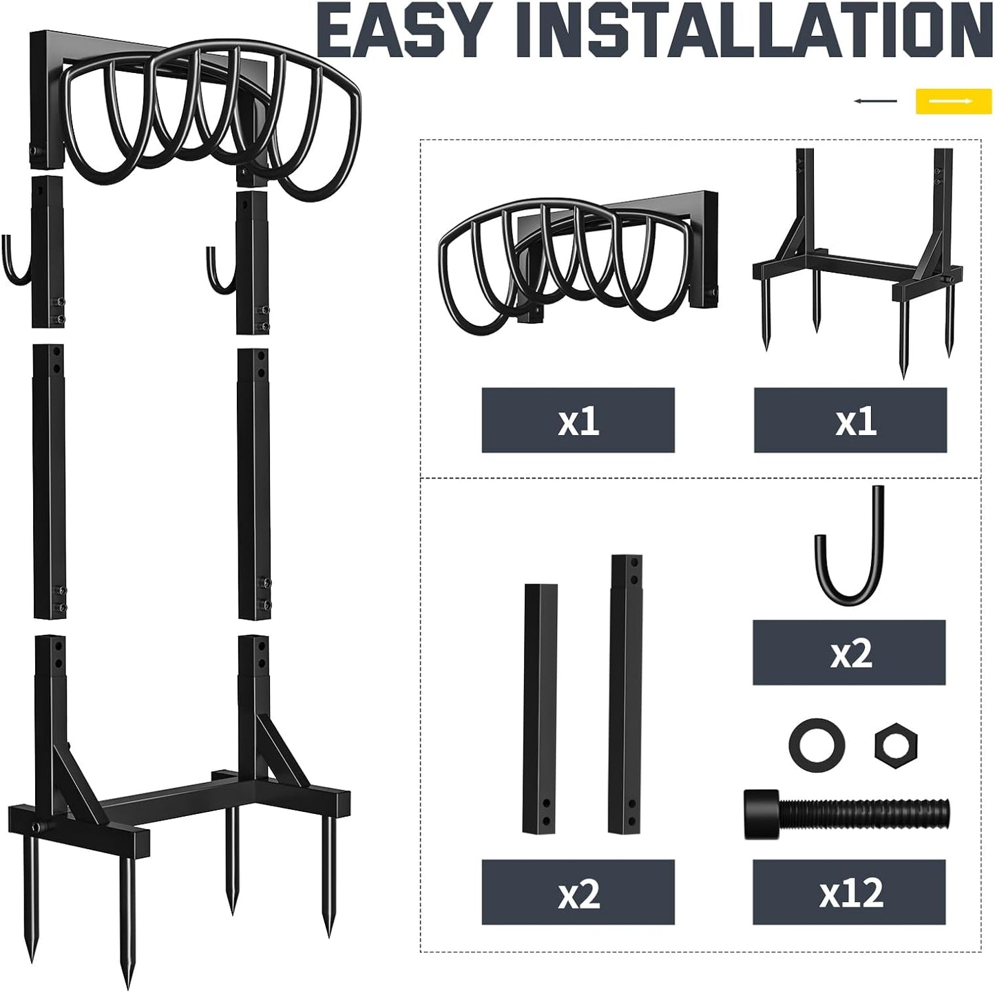 Garden Hose Holder Stand with 4 Spikes & 2 Tool Hooks, Detachable Heavy Duty Metal Freestanding Hose Reel Outdoor Organizer for Lawn Yard Water Storage Rack