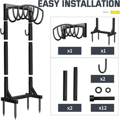 Garden Hose Holder Stand with 4 Spikes & 2 Tool Hooks, Detachable Heavy Duty Metal Freestanding Hose Reel Outdoor Organizer for Lawn Yard Water Storage Rack