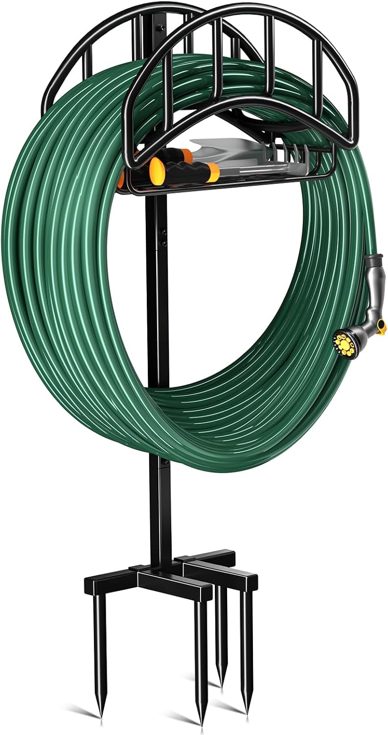 Garden Hose Holder Stand with 4 Spikes & 2 Tool Hooks, Detachable Heavy Duty Metal Freestanding Hose Reel Outdoor Organizer for Lawn Yard Water Storage Rack