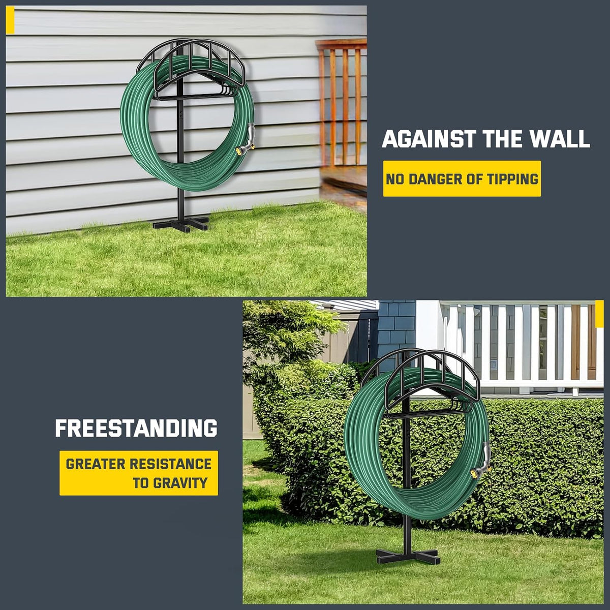 Garden Hose Holder Stand with 4 Spikes & 2 Tool Hooks, Detachable Heavy Duty Metal Freestanding Hose Reel Outdoor Organizer for Lawn Yard Water Storage Rack