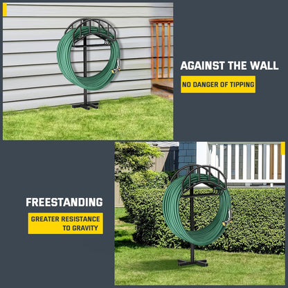 Garden Hose Holder Stand with 4 Spikes & 2 Tool Hooks, Detachable Heavy Duty Metal Freestanding Hose Reel Outdoor Organizer for Lawn Yard Water Storage Rack