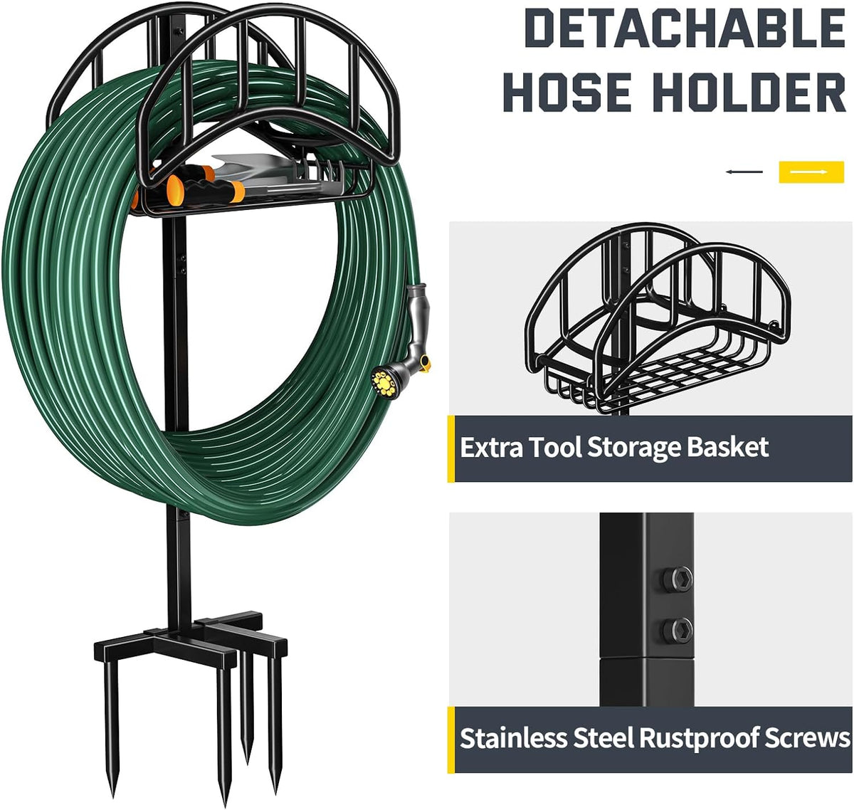 Garden Hose Holder Stand with 4 Spikes & 2 Tool Hooks, Detachable Heavy Duty Metal Freestanding Hose Reel Outdoor Organizer for Lawn Yard Water Storage Rack