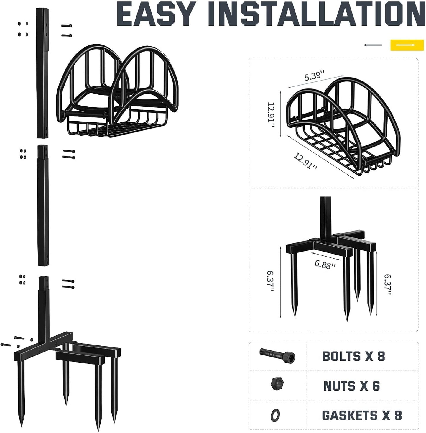 Garden Hose Holder Stand with 4 Spikes & 2 Tool Hooks, Detachable Heavy Duty Metal Freestanding Hose Reel Outdoor Organizer for Lawn Yard Water Storage Rack