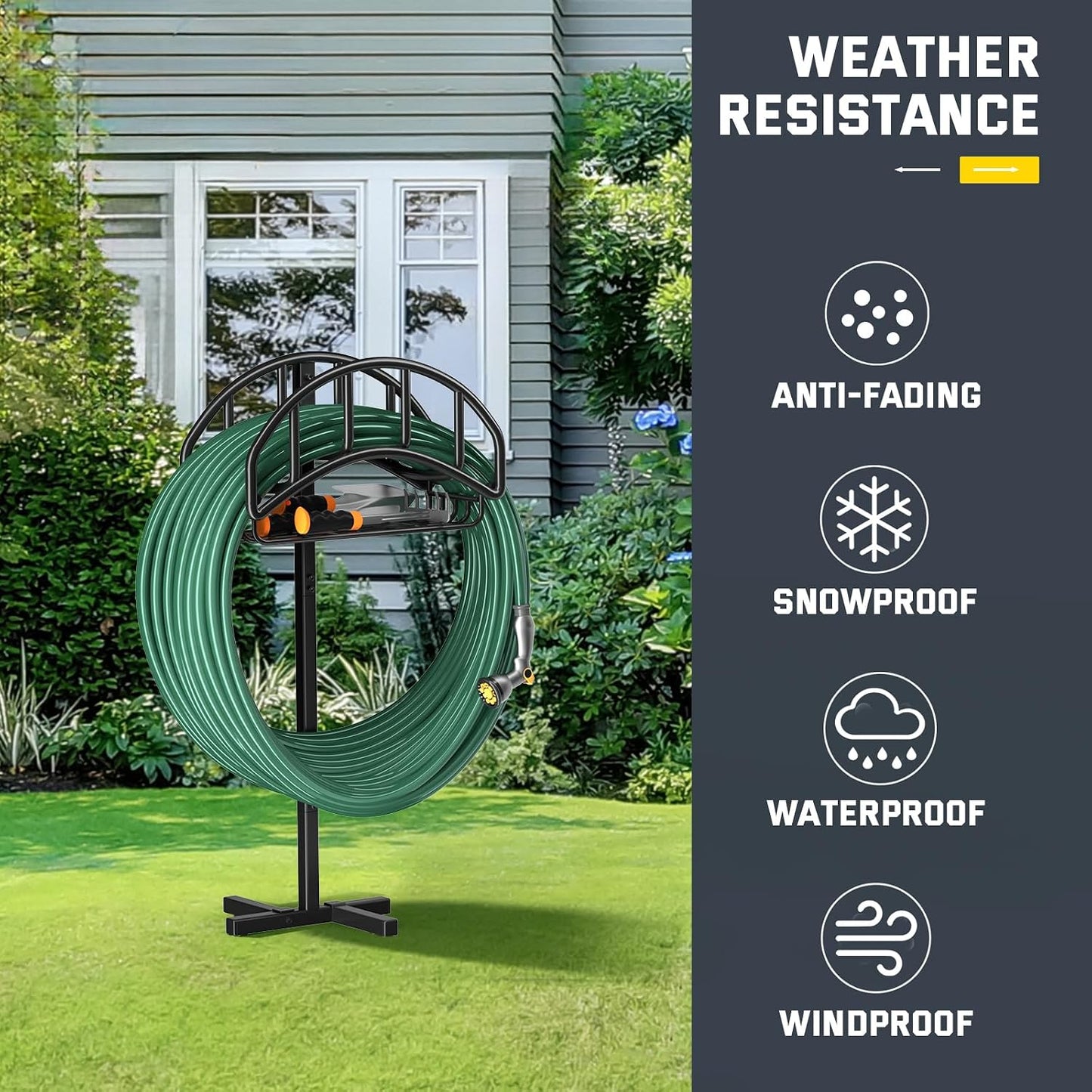 Garden Hose Holder Stand with 4 Spikes & 2 Tool Hooks, Detachable Heavy Duty Metal Freestanding Hose Reel Outdoor Organizer for Lawn Yard Water Storage Rack