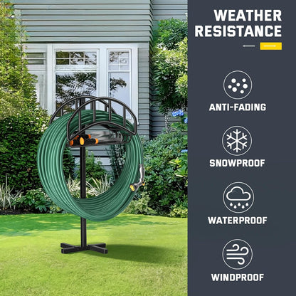 Garden Hose Holder Stand with 4 Spikes & 2 Tool Hooks, Detachable Heavy Duty Metal Freestanding Hose Reel Outdoor Organizer for Lawn Yard Water Storage Rack