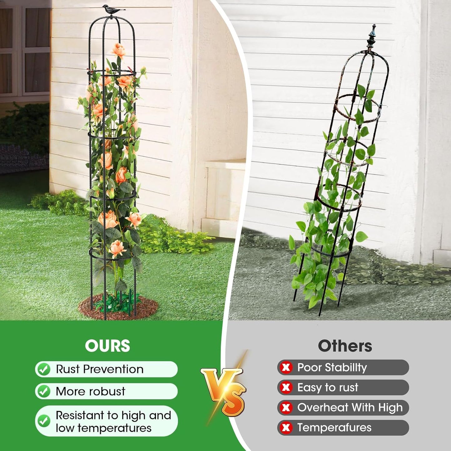 Tower Obelisk Garden Trellis for Climbing Plant，6.2FT/74.4" Rustproof Metal Potted Plant Climbing Support for Indoor Outdoor Flowers Vegetable Fruits Vines Support （1pcs）