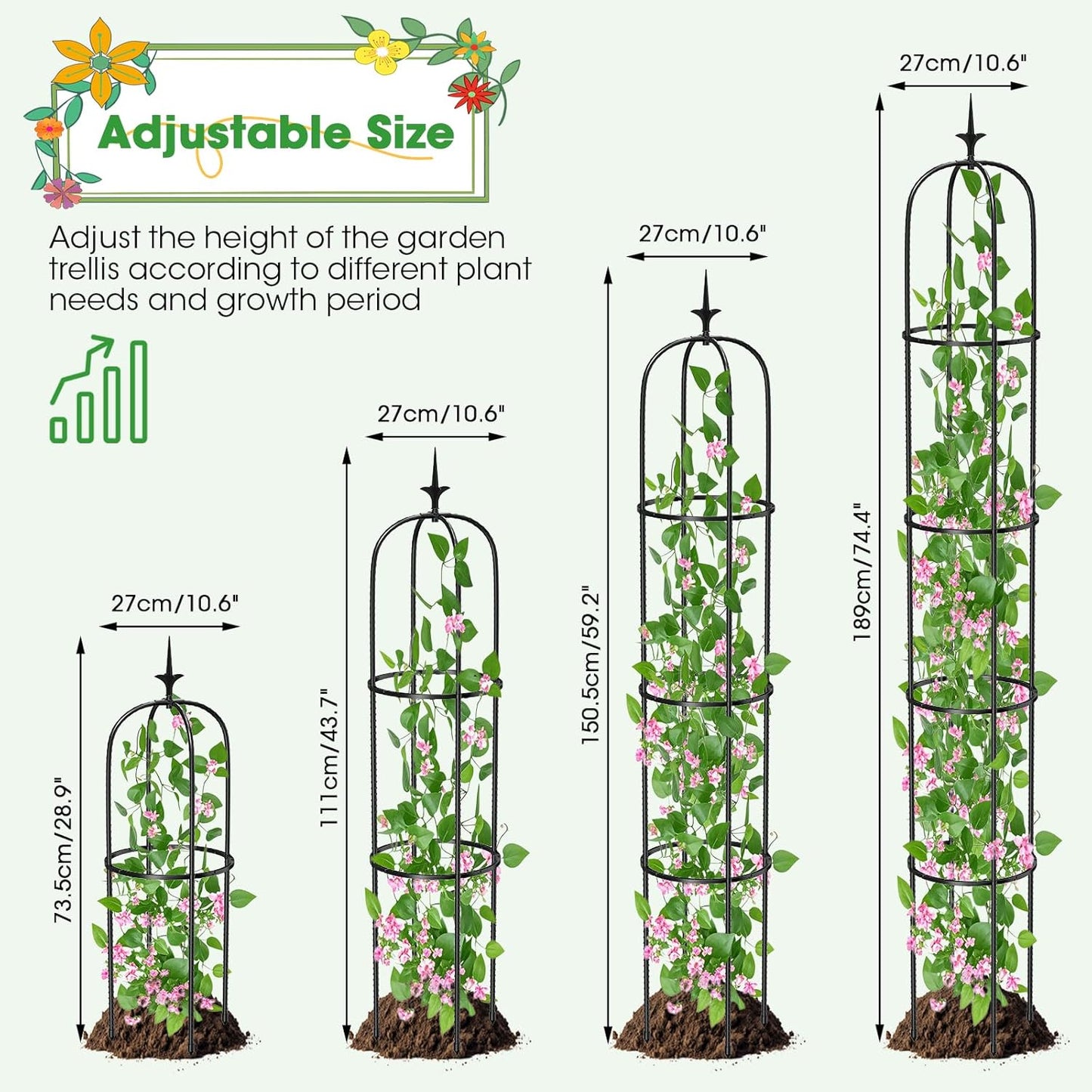 Tower Obelisk Garden Trellis for Climbing Plant，6.2FT/74.4" Rustproof Metal Potted Plant Climbing Support for Indoor Outdoor Flowers Vegetable Fruits Vines Support （1pcs）
