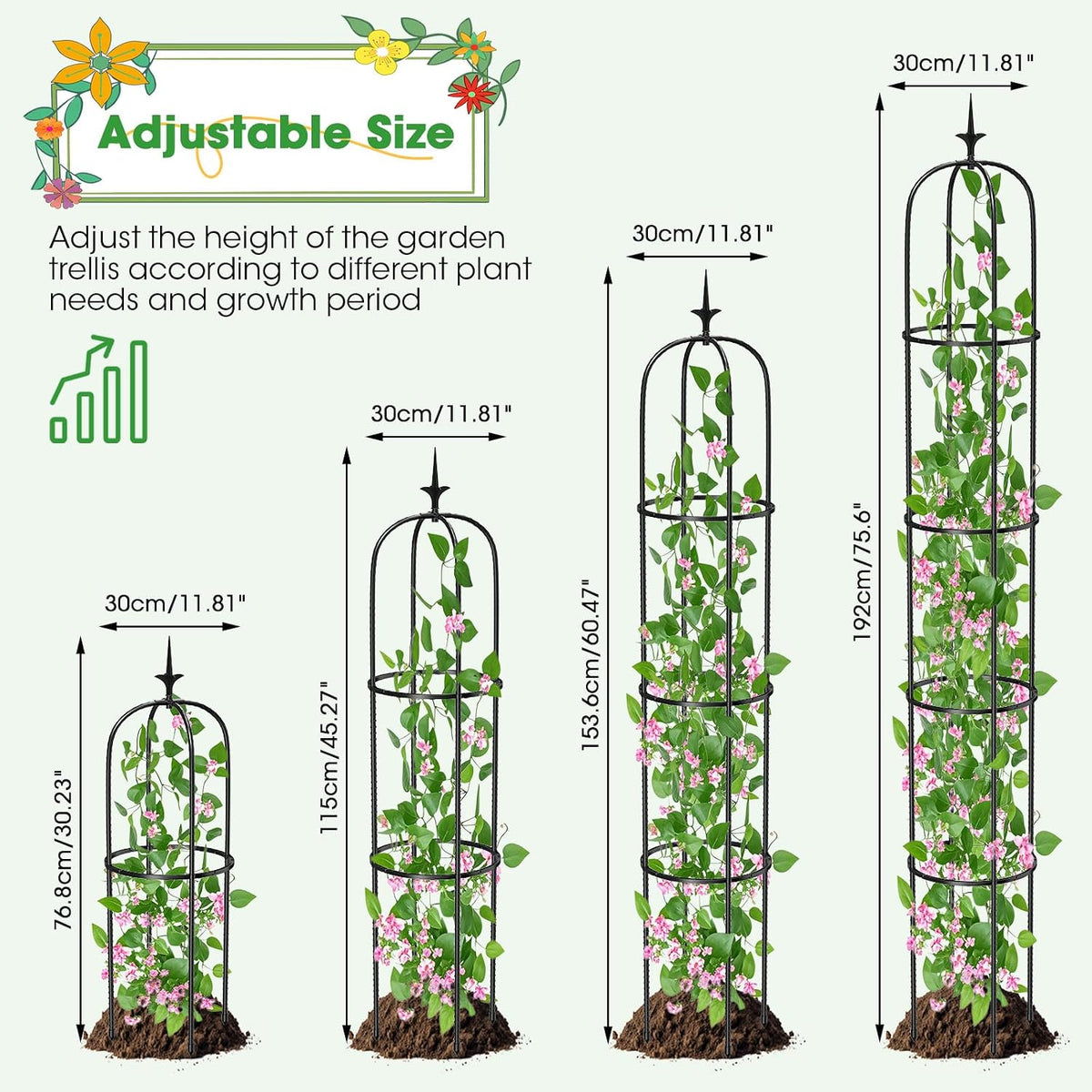 Tower Obelisk Garden Trellis for Climbing Plant，6.2FT/74.4" Rustproof Metal Potted Plant Climbing Support for Indoor Outdoor Flowers Vegetable Fruits Vines Support （1pcs）