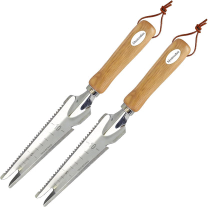 2 Pack Garden Weeding Tool, Stainless Steel Hand Weeder & Garden Trowel with Serrated Edge and Depth Measurement Marks, Wooden Handle Gardening Tool for Digging, Planting, Transplanting & Weed Removal