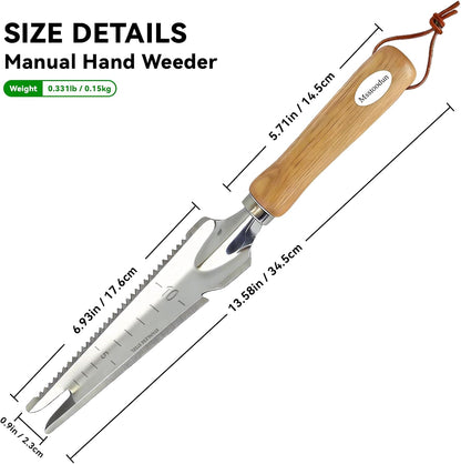 2 Pack Garden Weeding Tool, Stainless Steel Hand Weeder & Garden Trowel with Serrated Edge and Depth Measurement Marks, Wooden Handle Gardening Tool for Digging, Planting, Transplanting & Weed Removal