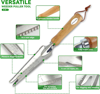 2 Pack Garden Weeding Tool, Stainless Steel Hand Weeder & Garden Trowel with Serrated Edge and Depth Measurement Marks, Wooden Handle Gardening Tool for Digging, Planting, Transplanting & Weed Removal