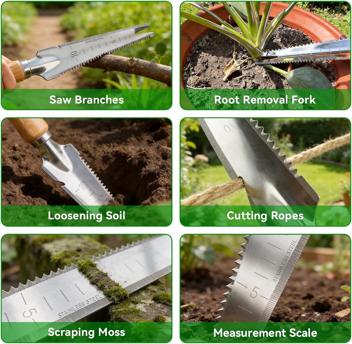 2 Pack Garden Weeding Tool, Stainless Steel Hand Weeder & Garden Trowel with Serrated Edge and Depth Measurement Marks, Wooden Handle Gardening Tool for Digging, Planting, Transplanting & Weed Removal