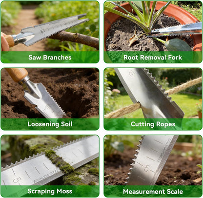 2 Pack Garden Weeding Tool, Stainless Steel Hand Weeder & Garden Trowel with Serrated Edge and Depth Measurement Marks, Wooden Handle Gardening Tool for Digging, Planting, Transplanting & Weed Removal
