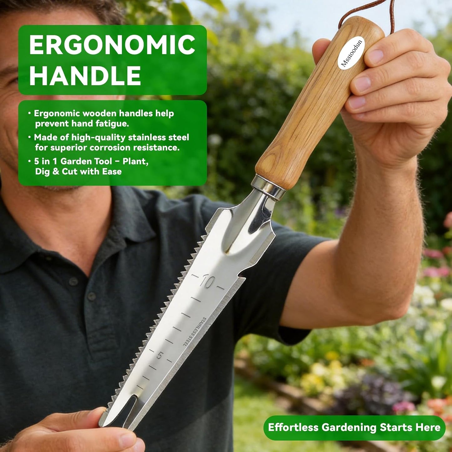 2 Pack Garden Weeding Tool, Stainless Steel Hand Weeder & Garden Trowel with Serrated Edge and Depth Measurement Marks, Wooden Handle Gardening Tool for Digging, Planting, Transplanting & Weed Removal