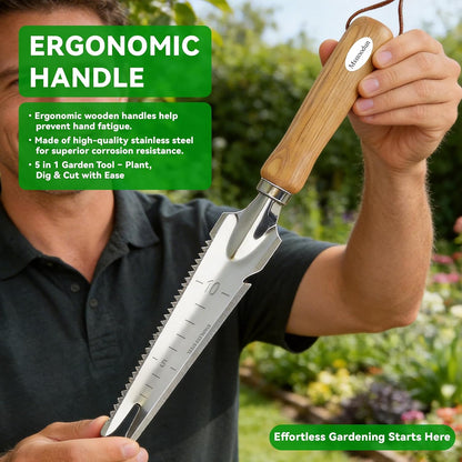 2 Pack Garden Weeding Tool, Stainless Steel Hand Weeder & Garden Trowel with Serrated Edge and Depth Measurement Marks, Wooden Handle Gardening Tool for Digging, Planting, Transplanting & Weed Removal