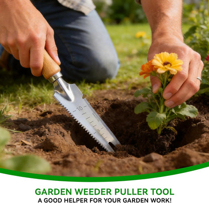 2 Pack Garden Weeding Tool, Stainless Steel Hand Weeder & Garden Trowel with Serrated Edge and Depth Measurement Marks, Wooden Handle Gardening Tool for Digging, Planting, Transplanting & Weed Removal