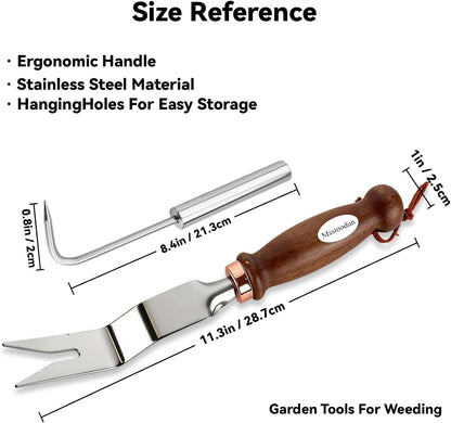 2 Pack Garden Weeding Tool, Stainless Steel Hand Weeder & Garden Trowel with Serrated Edge and Depth Measurement Marks, Wooden Handle Gardening Tool for Digging, Planting, Transplanting & Weed Removal