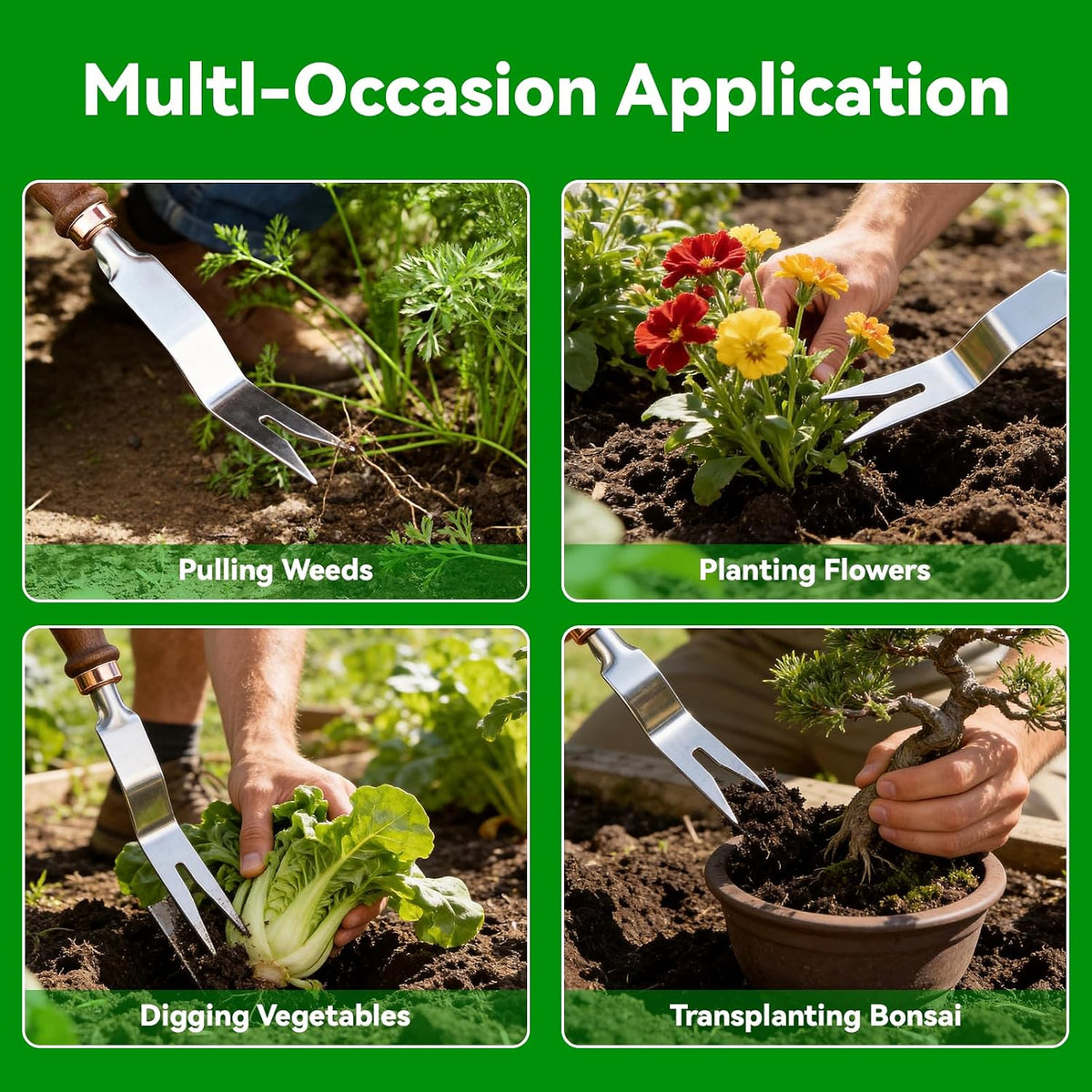 2 Pack Garden Weeding Tool, Stainless Steel Hand Weeder & Garden Trowel with Serrated Edge and Depth Measurement Marks, Wooden Handle Gardening Tool for Digging, Planting, Transplanting & Weed Removal