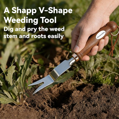 2 Pack Garden Weeding Tool, Stainless Steel Hand Weeder & Garden Trowel with Serrated Edge and Depth Measurement Marks, Wooden Handle Gardening Tool for Digging, Planting, Transplanting & Weed Removal
