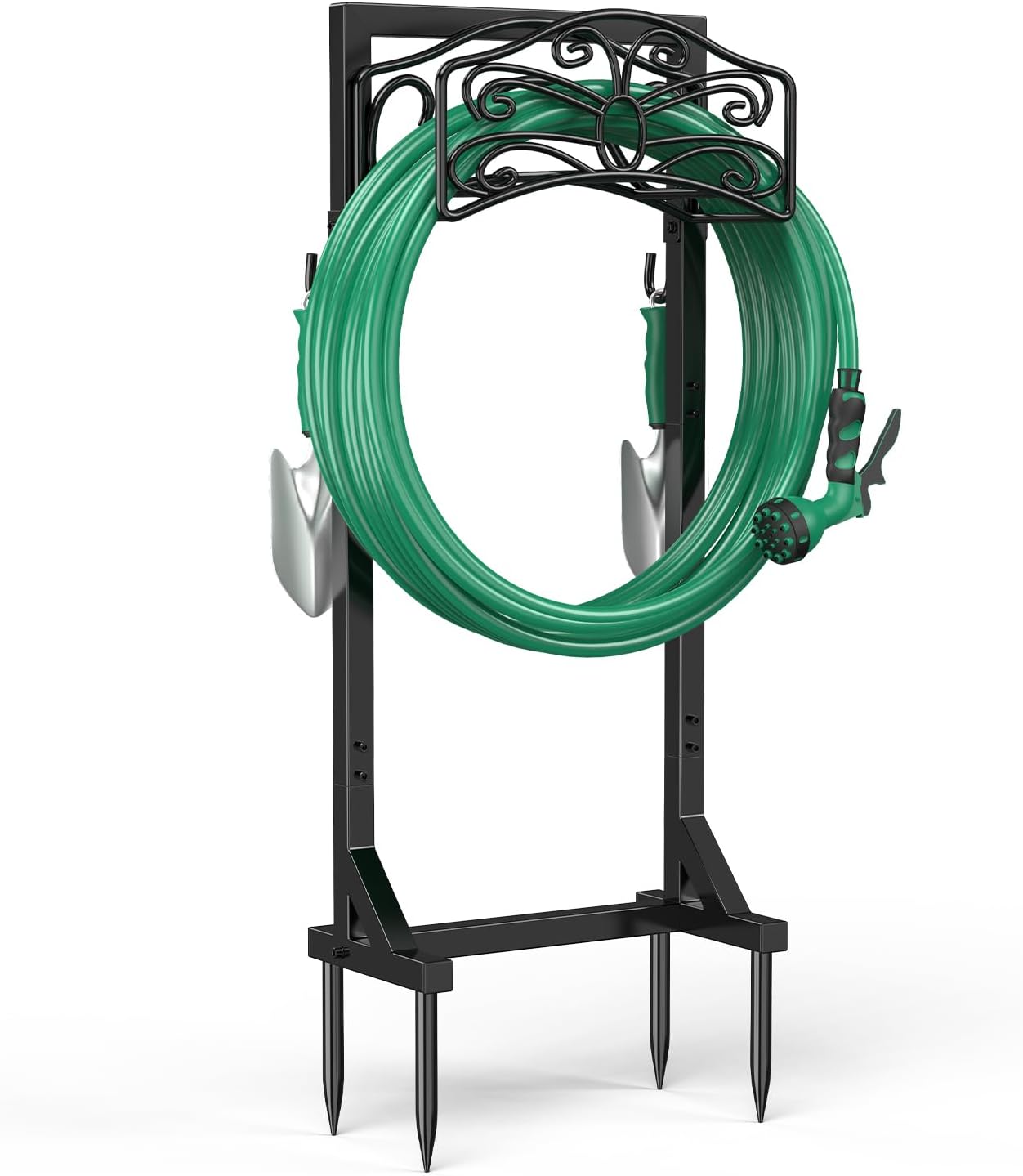 Sunvigor Freestanding Garden Hose Holder Stand, Heavy Duty Hose Reel Alternative with 2 Tool Hooks, Holds 150FT Water Hose, 4-Spike Stable Base, No-Drill Hose Storage for Outside Yard Lawn Garden