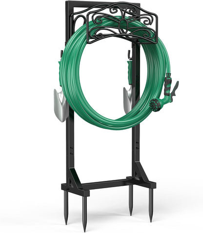 Sunvigor Freestanding Garden Hose Holder Stand, Heavy Duty Hose Reel Alternative with 2 Tool Hooks, Holds 150FT Water Hose, 4-Spike Stable Base, No-Drill Hose Storage for Outside Yard Lawn Garden