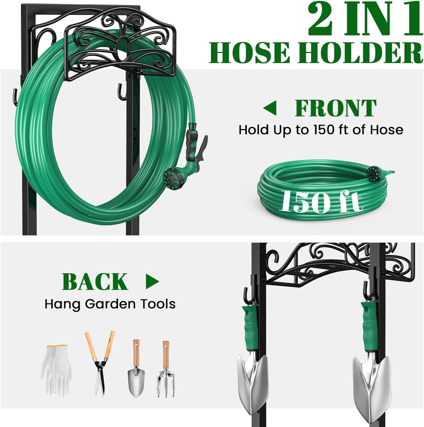 Sunvigor Freestanding Garden Hose Holder Stand, Heavy Duty Hose Reel Alternative with 2 Tool Hooks, Holds 150FT Water Hose, 4-Spike Stable Base, No-Drill Hose Storage for Outside Yard Lawn Garden