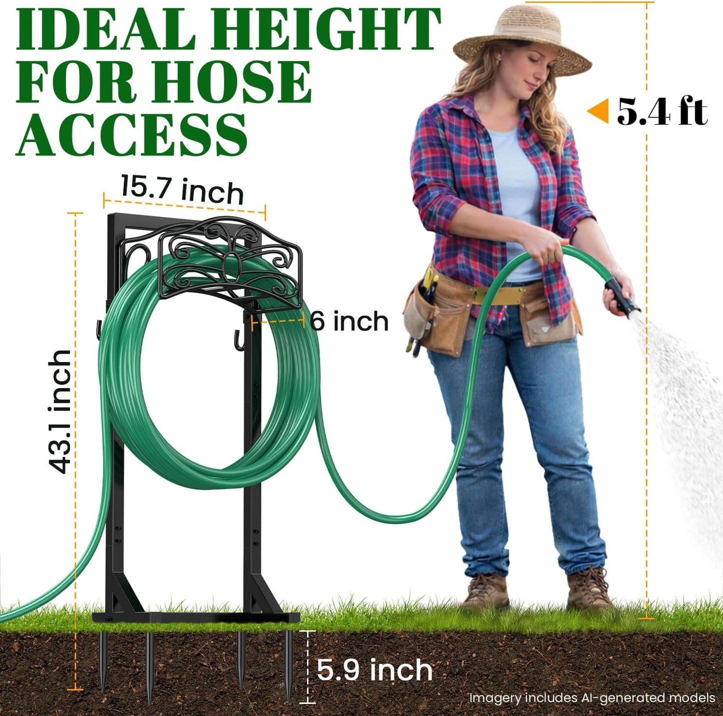 Sunvigor Freestanding Garden Hose Holder Stand, Heavy Duty Hose Reel Alternative with 2 Tool Hooks, Holds 150FT Water Hose, 4-Spike Stable Base, No-Drill Hose Storage for Outside Yard Lawn Garden