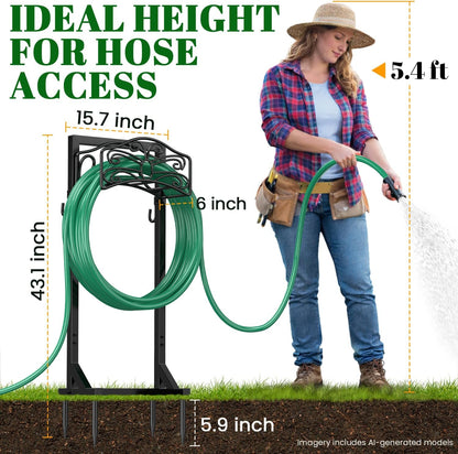 Sunvigor Freestanding Garden Hose Holder Stand, Heavy Duty Hose Reel Alternative with 2 Tool Hooks, Holds 150FT Water Hose, 4-Spike Stable Base, No-Drill Hose Storage for Outside Yard Lawn Garden