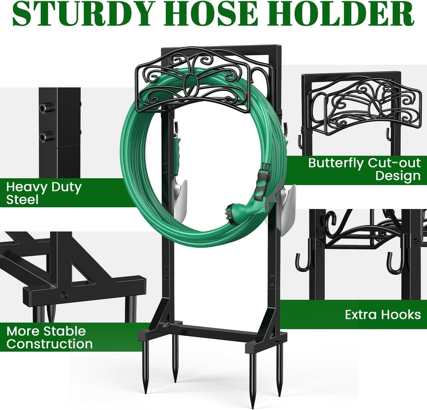 Sunvigor Freestanding Garden Hose Holder Stand, Heavy Duty Hose Reel Alternative with 2 Tool Hooks, Holds 150FT Water Hose, 4-Spike Stable Base, No-Drill Hose Storage for Outside Yard Lawn Garden