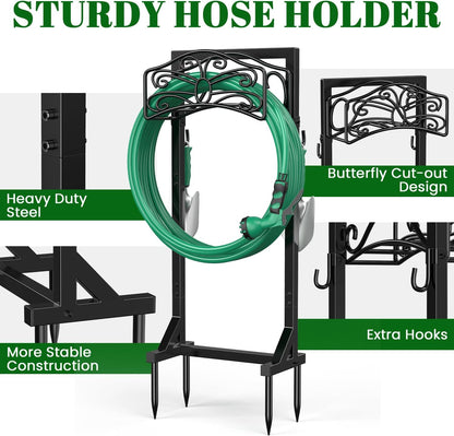 Sunvigor Freestanding Garden Hose Holder Stand, Heavy Duty Hose Reel Alternative with 2 Tool Hooks, Holds 150FT Water Hose, 4-Spike Stable Base, No-Drill Hose Storage for Outside Yard Lawn Garden